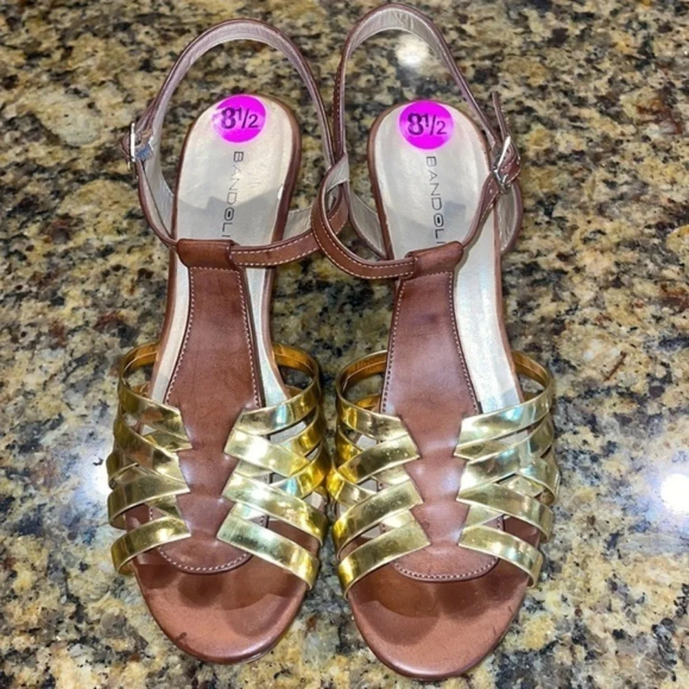 BANDOLINO  PLATFORM SANDLES Gold Brown‎ Wood Wedges Size 8 1/2